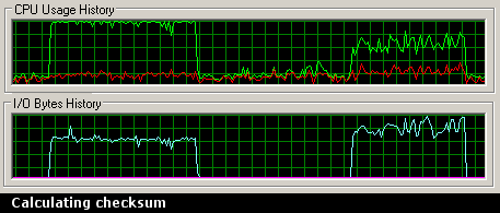 Calculating checksums graph, salamander first, and then the gnu md5sum. Salamander is CPU limited (can't take advantage of available I/O speed) while md5sum is I/O limited (uses full I/O bandwidth), finishes sooner.
