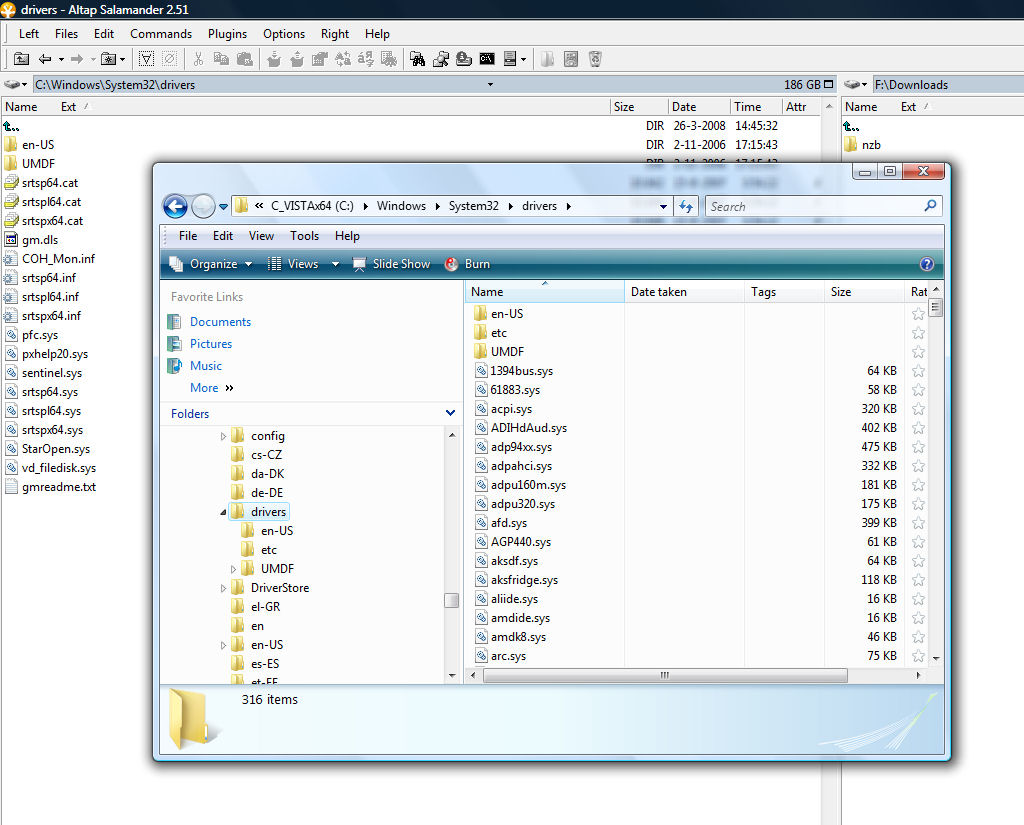 Screenshot of the same directory with Salamander and with Windows file explorer.