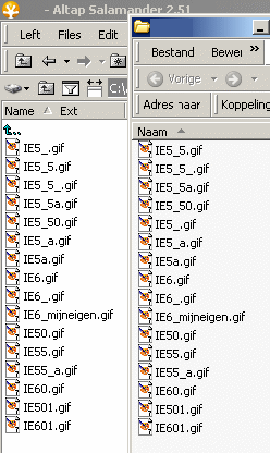 This screenshot shows the example file list in Salamander 2.51 (left) and the normal Windows folder (right) : they are NOT showing the SAME file order (look at the first items).