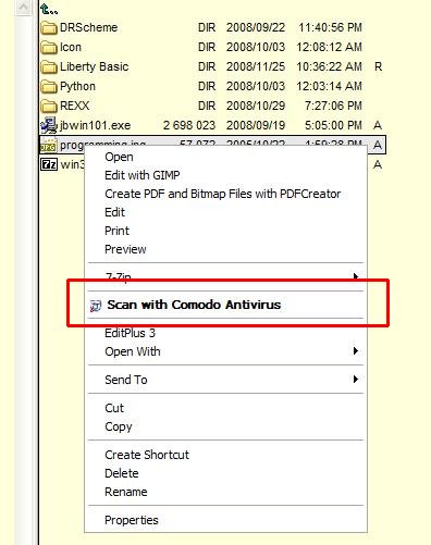Attached is a screen shot of the Comodo entry in the right-click file options pop-up menu
