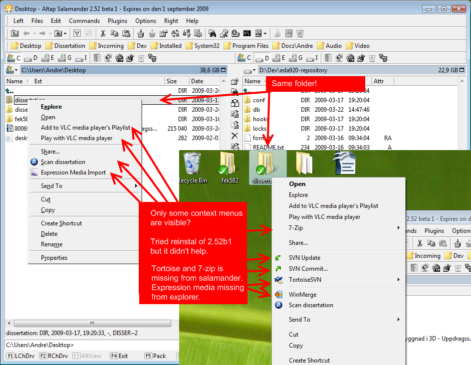 Different menu contents in explorer and in salamander.