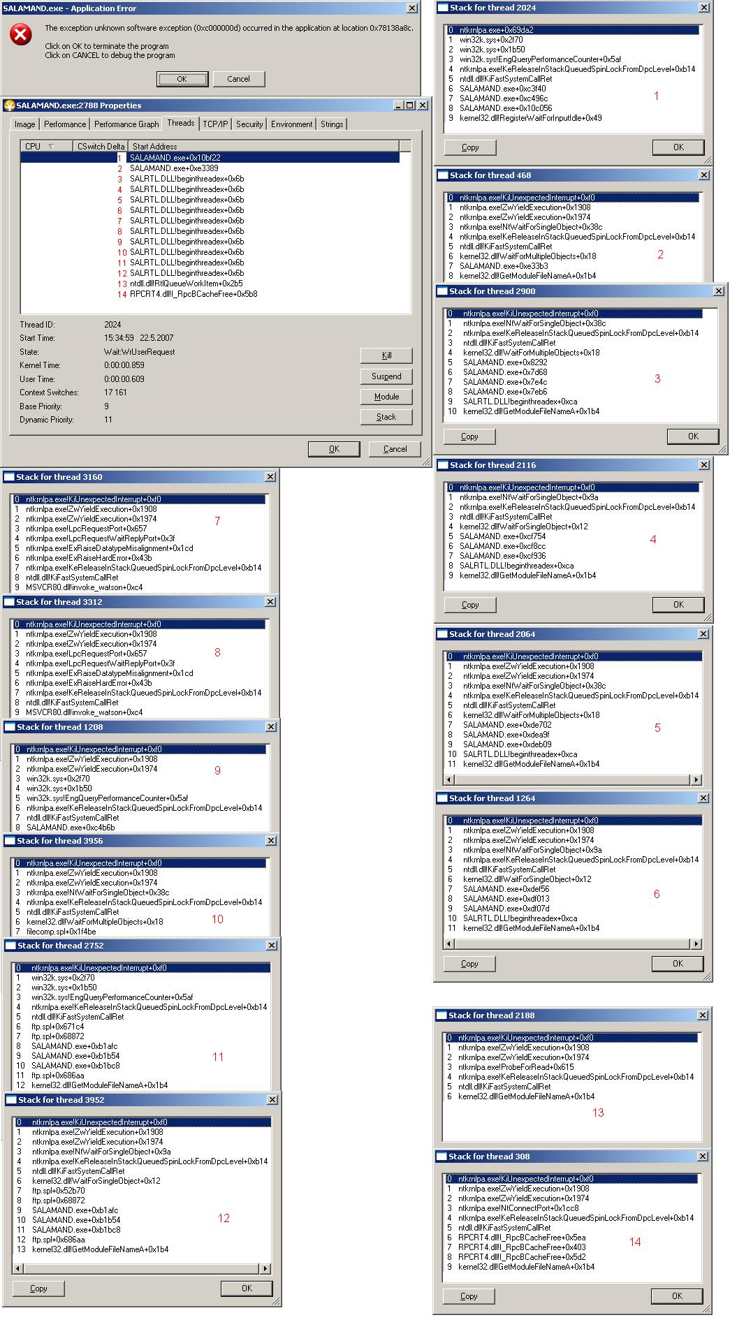 Error window and stacks from threads.