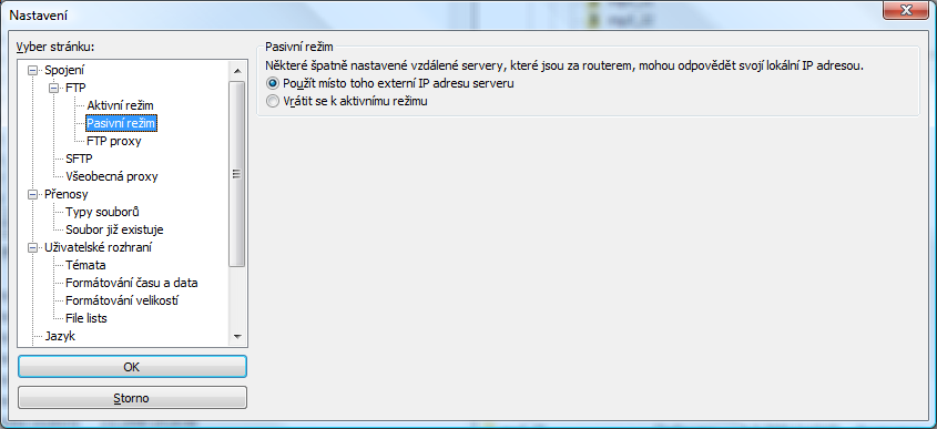 Ještě připojuji jaké nastavení má pro tento účel FileZilla.